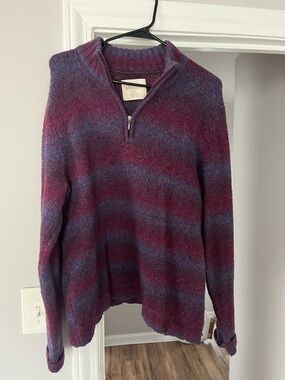 American Vintage Striped Plum and Blue Half-Zip V-Neck Sweater